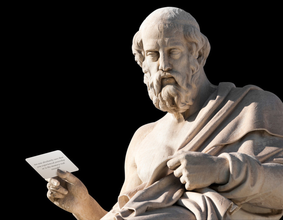 A statue of a philosopher holding an Existential Chicken card